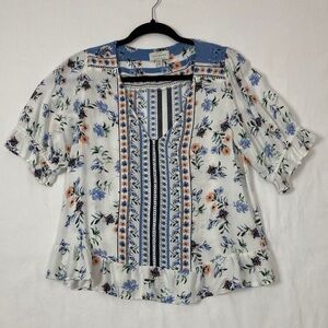 Lucky Brand Floral Blouse Blue and White Popover Size Medium
